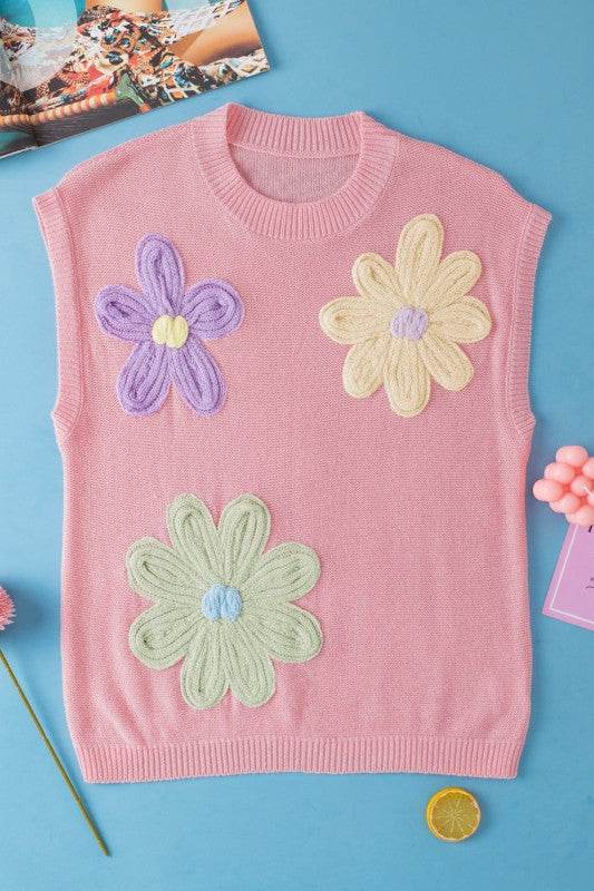 Hannah Crochet Flower Knit Short Sleeve Sweater To