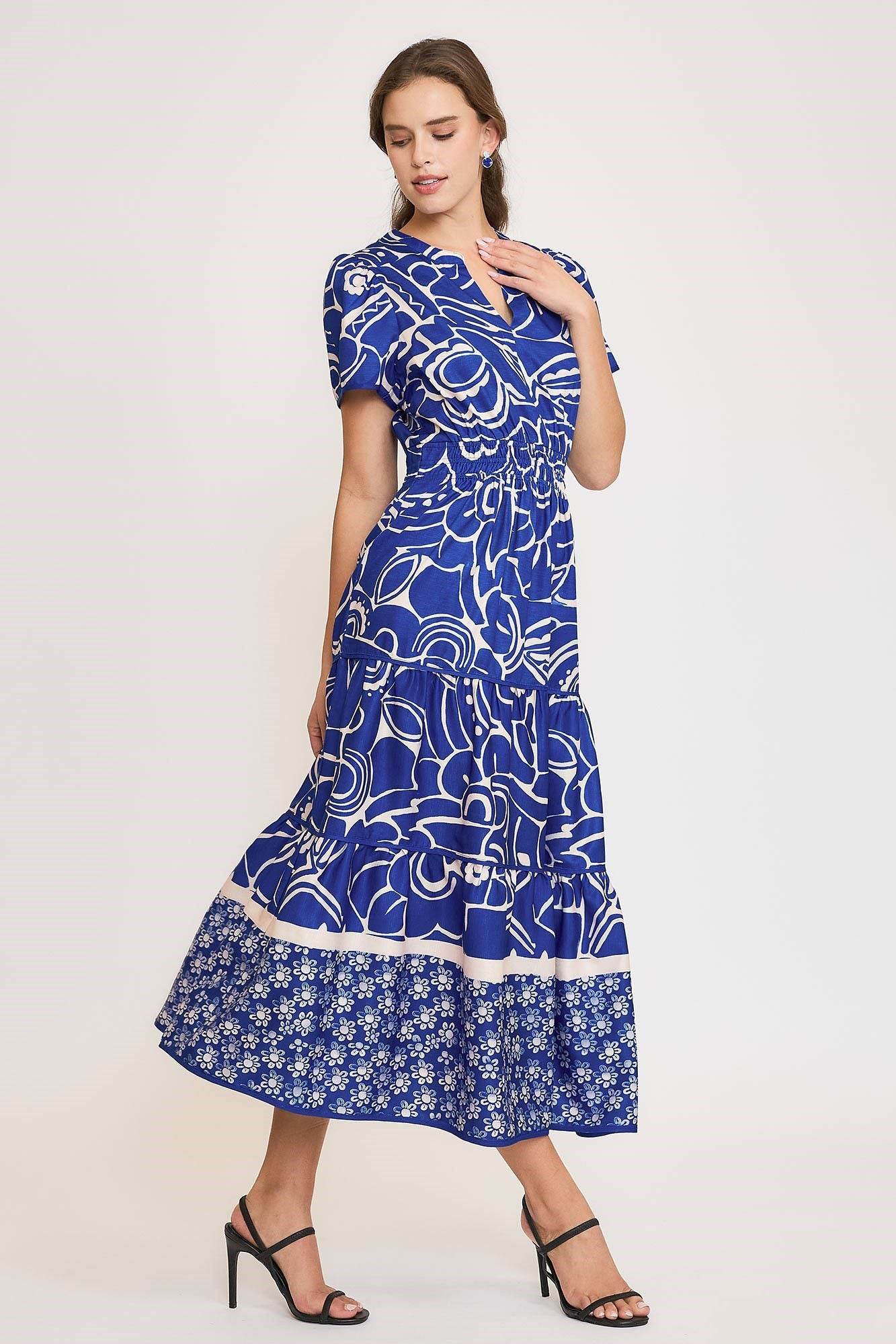 Umgee Full Size Printed Notched Short Sleeve Tiered Dress Plus Size