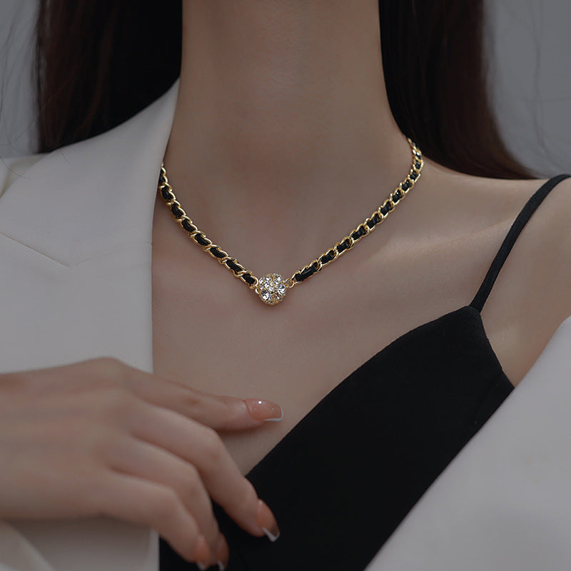 Retro Elegant Leather Winding Chain Diamond Magnetic Necklace