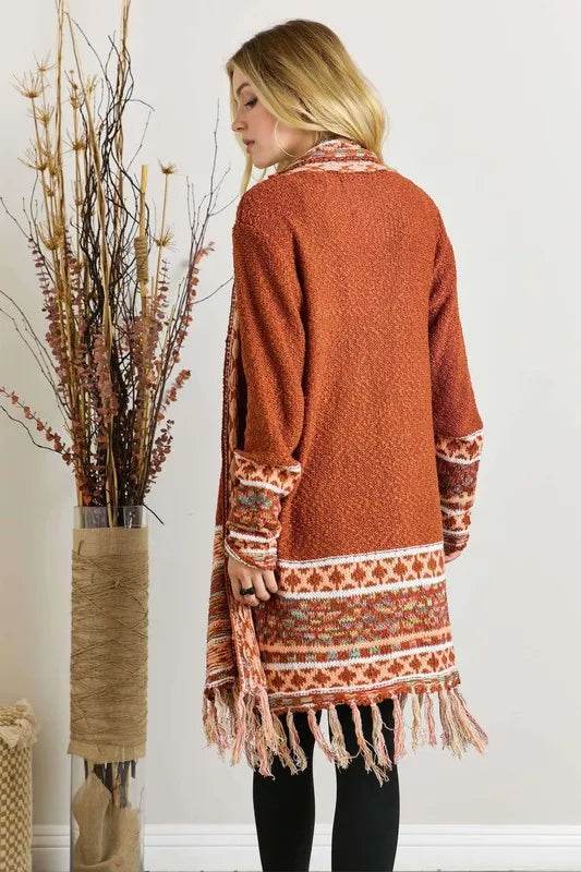 ADORA Full Size Fringe Hem Aztec Border Cardigan Plus Size