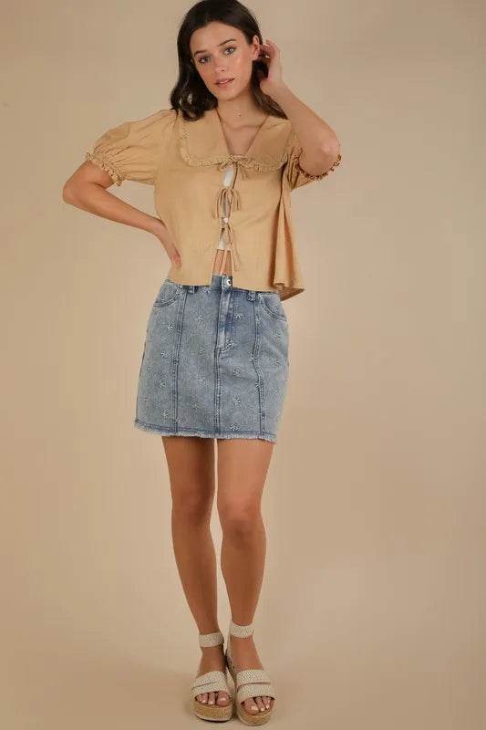 VERY J Bow Printed Casual Denim Mini Skirt