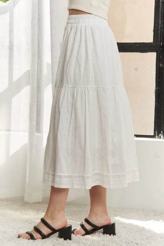 ADORA Elastic Waistband Tiered Midi Skirt