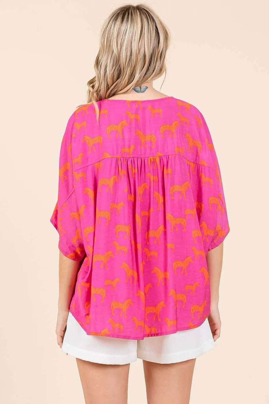 Mittoshop Zebra Print V-Neck Button Down Dolman Sleeve Top