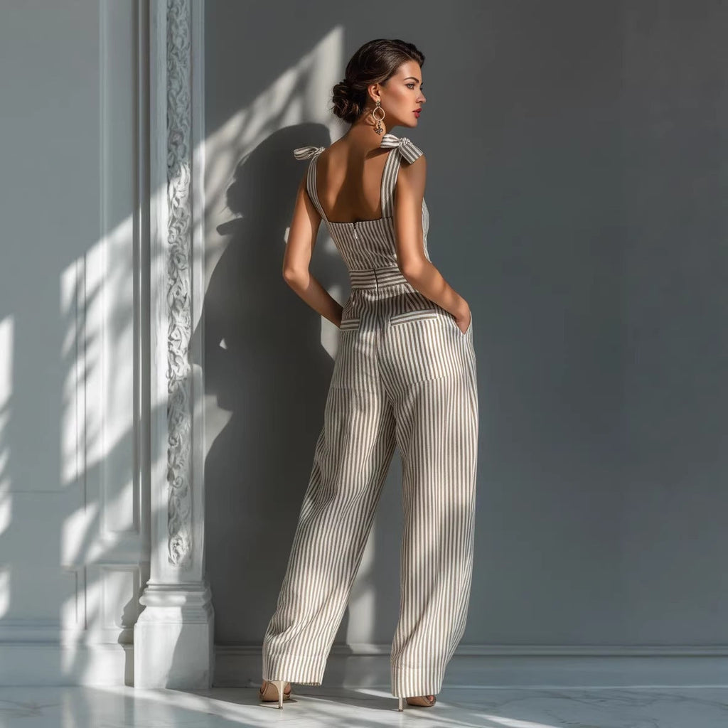 Women's Striped Linen Sleeveless Wide-Leg Jumpsuit