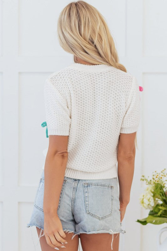Bow Knit Crewneck Short Sleeve Sweater