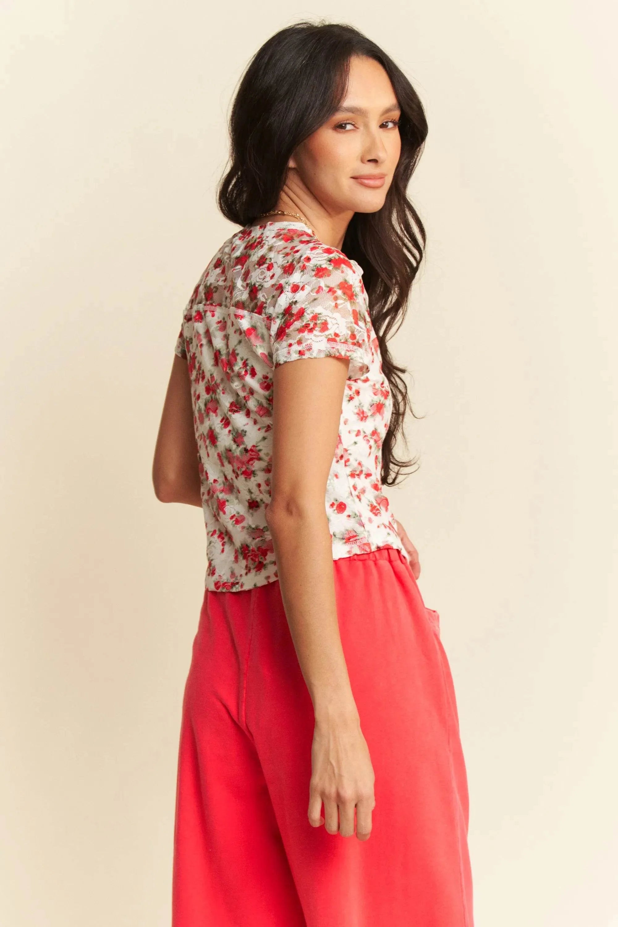 Davi & Dani Ribbon Short Sleeve Layered Mesh Top