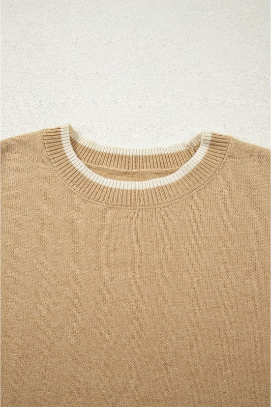 Leopard Bow Split Cuff Contrast Trim Sweater