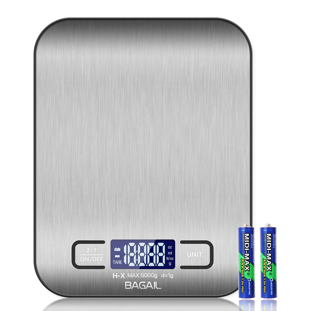 BAGAIL BASICS Digital Kitchen Scale Premium Stainless Steel Food Scales Weight Grams and Oz for Baking and Cooking 11lb/5kg with 0.1oz/1g Precision