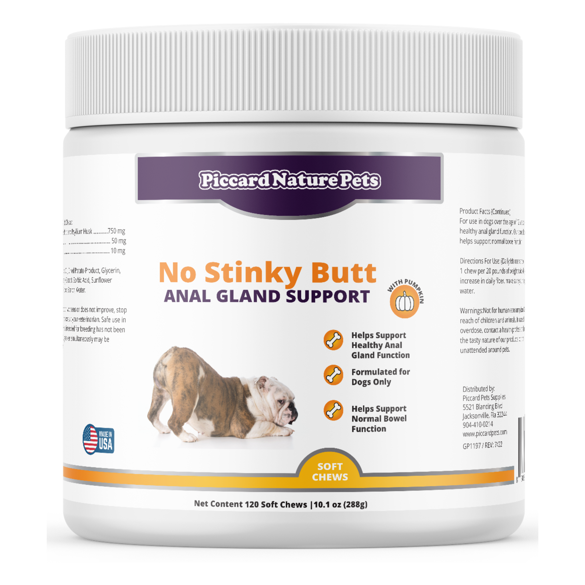 PiccardNaturePets No Stinky Butt Anal Gland Support 120ct Chews + FREE Bandana!