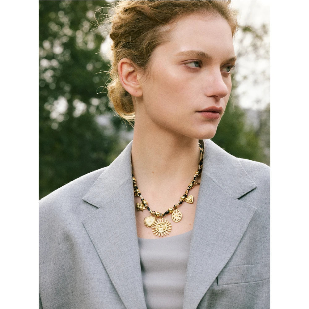 Yhpup Popular Stainless Steel Leopard Polyester Sun Flower Heart Insect Drop Collar Necklace 18K PVD Plated Fashion Jewelry Gift