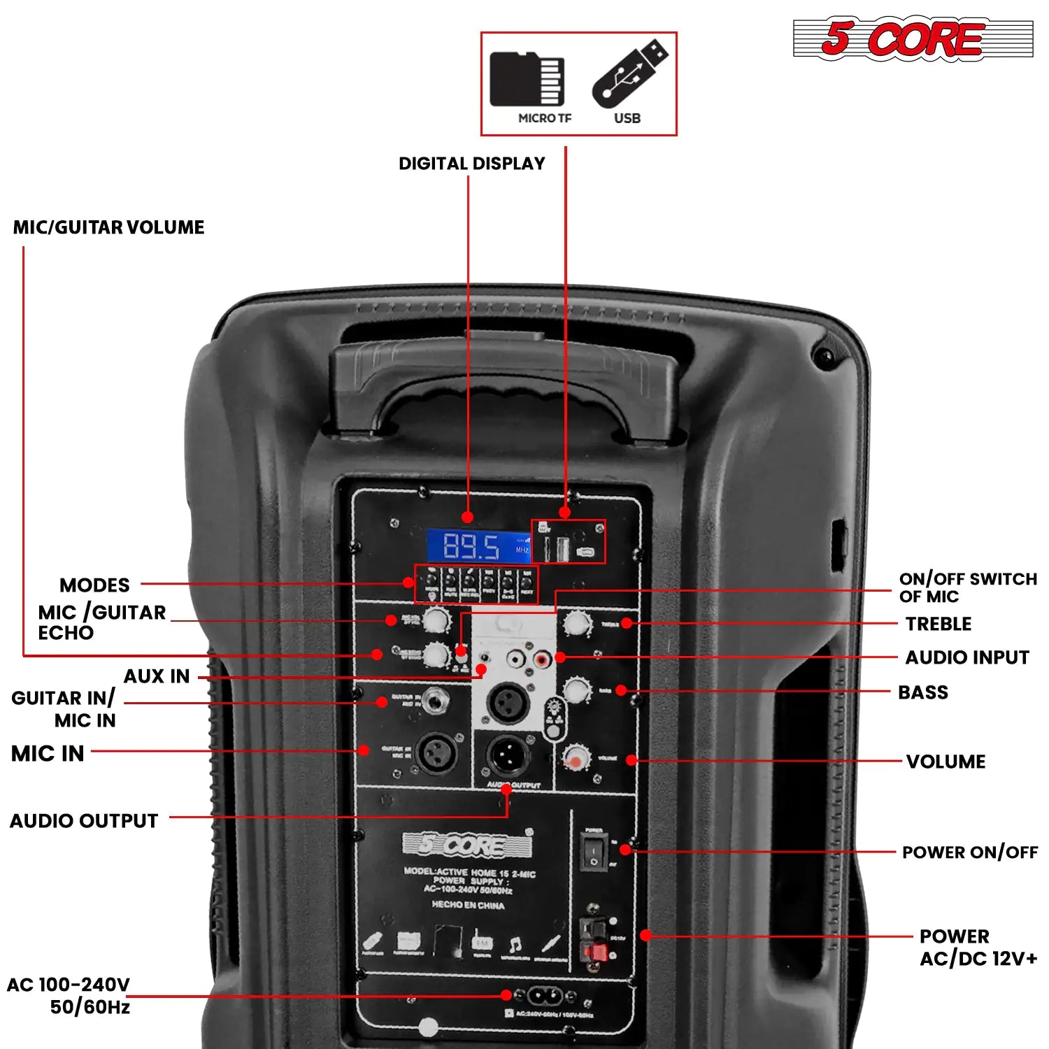 5Core15 inch PA Portable Bluetooth Party Speaker Karaoke Boombox + 2 Wireless Mics