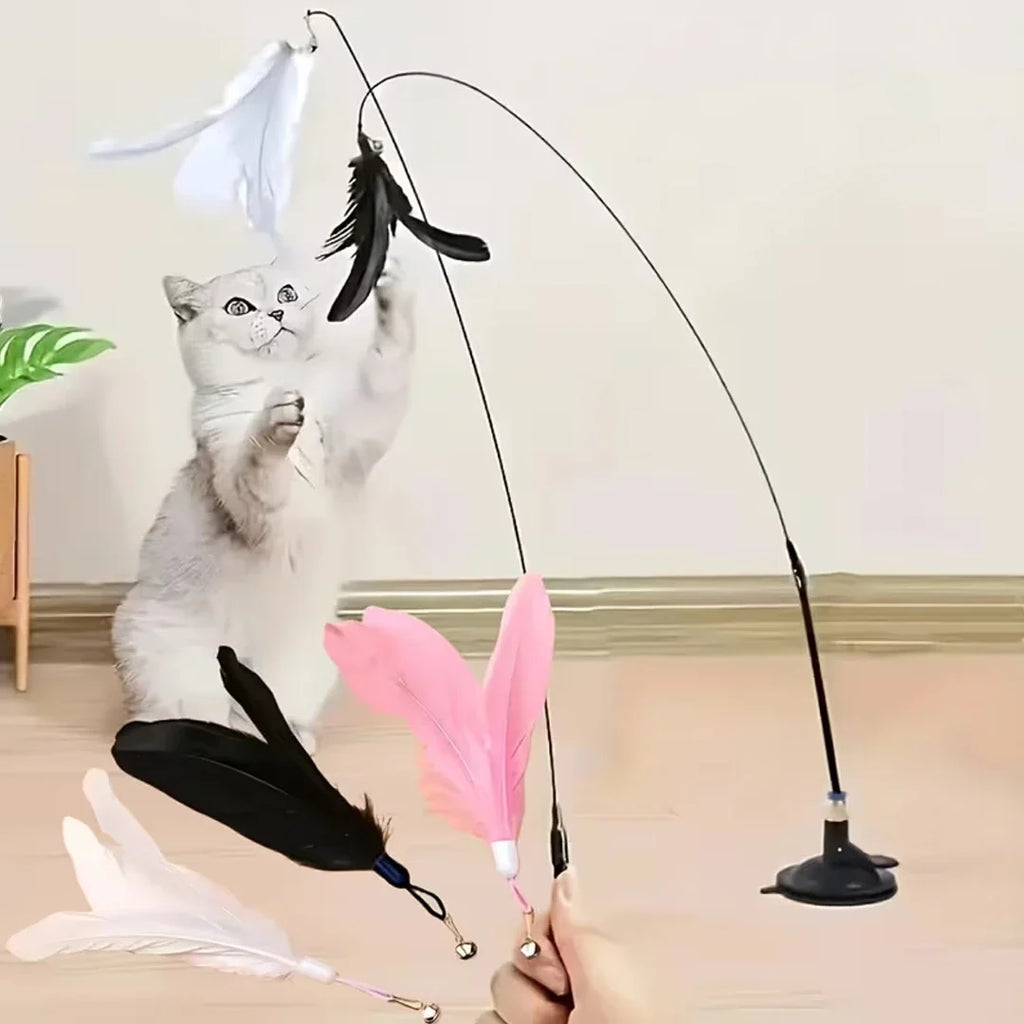 Cat Feather Bell Toy with Suction Cup Base 1 Teaser Wand 3 Replacement Feather Heads Interactive Cat Toy for All Cats