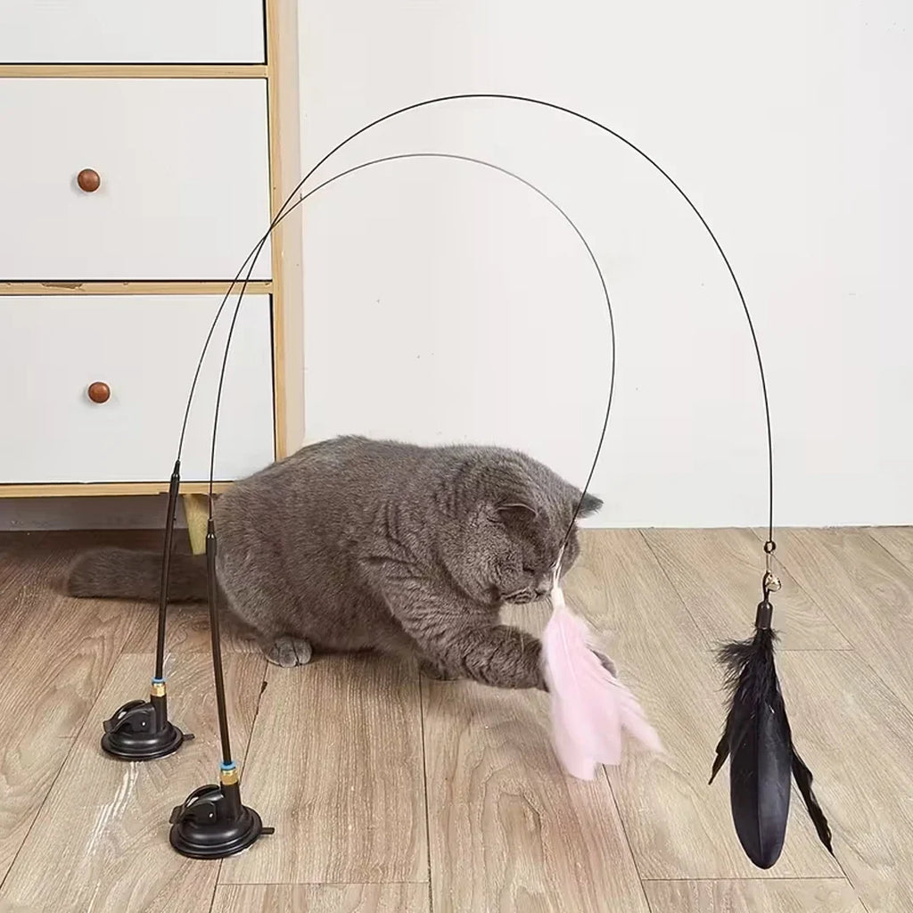 Cat Feather Bell Toy with Suction Cup Base 1 Teaser Wand 3 Replacement Feather Heads Interactive Cat Toy for All Cats