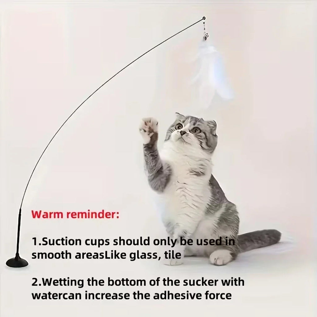 Cat Feather Bell Toy with Suction Cup Base 1 Teaser Wand 3 Replacement Feather Heads Interactive Cat Toy for All Cats