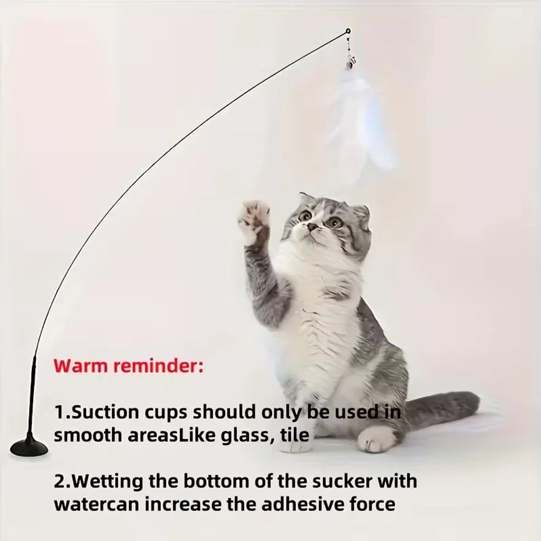 Cat Feather Bell Toy with Suction Cup Base 1 Teaser Wand 3 Replacement Feather Heads Interactive Cat Toy for All Cats