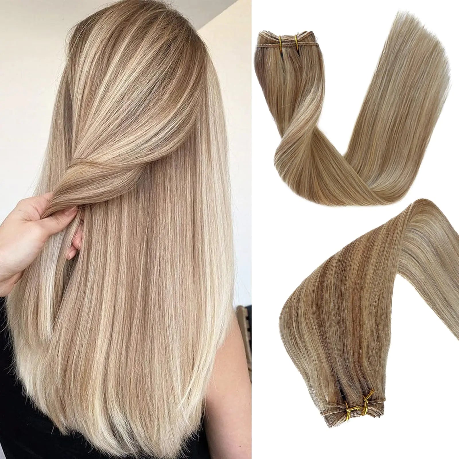 Sew in Hair Extensions Real Human Hair 18 inch 100g Hand Tied Weft Hair Extensions Human Hair Brown Mix Golden Blonde Highlights Remy Hair Extensions