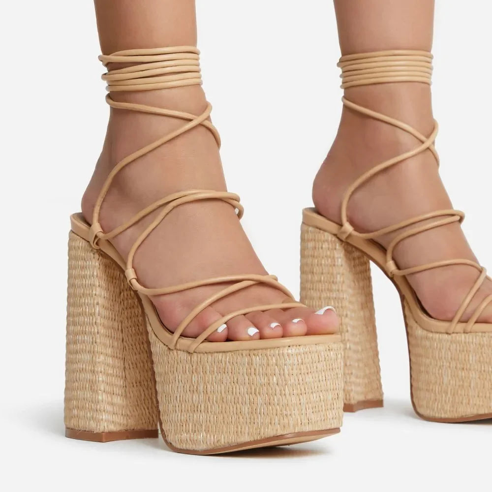 Woven Platform Lace Up Strappy Sandals Block Heel Open Toe Solid Color Sexy Roman Style Women Shoes Summer 2026 New Arrivals