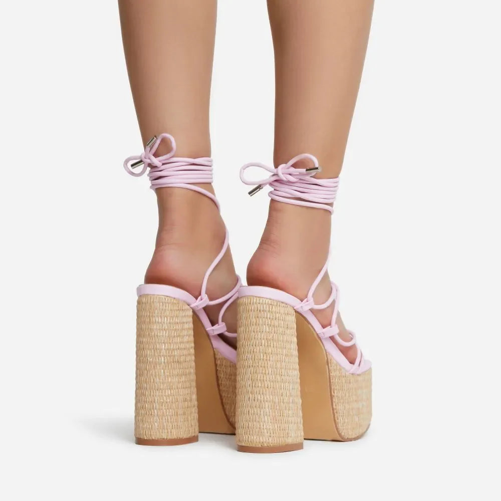 Woven Platform Lace Up Strappy Sandals Block Heel Open Toe Solid Color Sexy Roman Style Women Shoes Summer 2026 New Arrivals