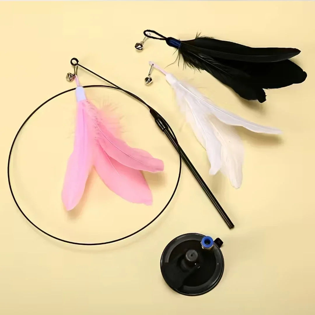 Cat Feather Bell Toy with Suction Cup Base 1 Teaser Wand 3 Replacement Feather Heads Interactive Cat Toy for All Cats