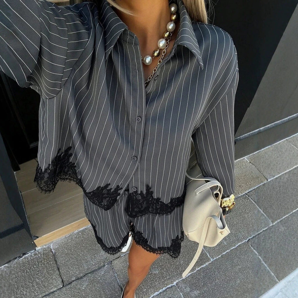 Women's Striped Lace Trim Shirt & Drawstring Shorts Set – 2-Piece Matching Set