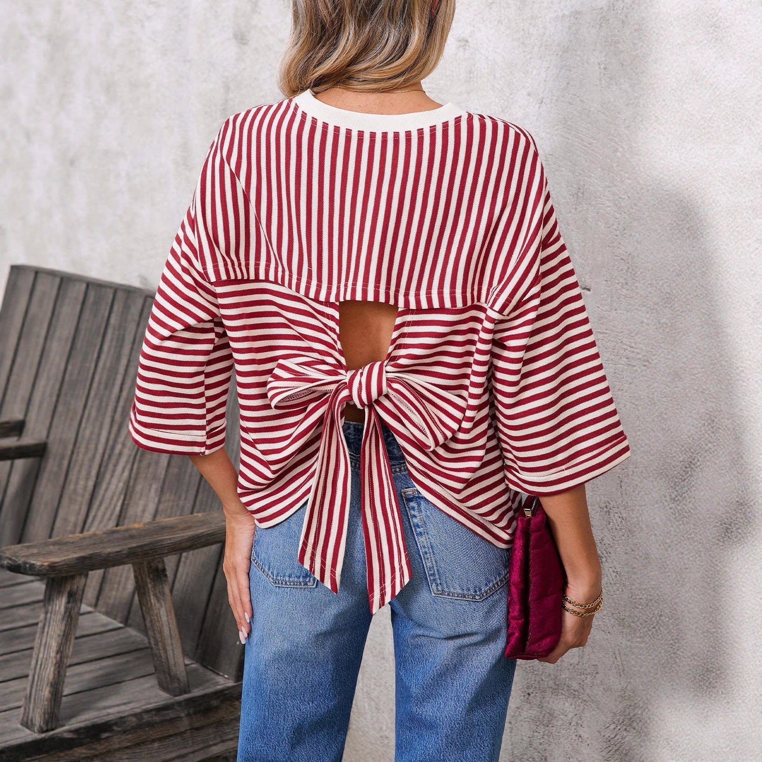 Women's Striped Back Tie-Bow Pullover Top – Round Neck 3/4 Sleeve