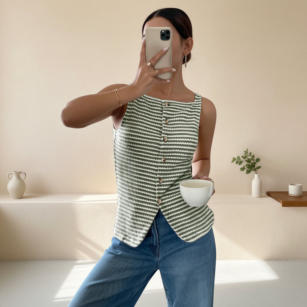 Women's Striped Button-Front Sleeveless Camisole Top – Square Neck Tank