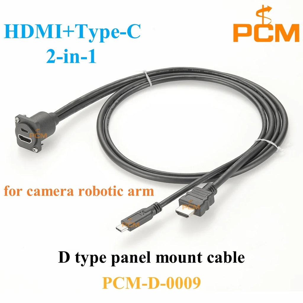 D type panel mount HDMI to USB Type C dual port stackable HDMI cable for Robotic Camera Arm & Raspberry Pi chassis Mount cable