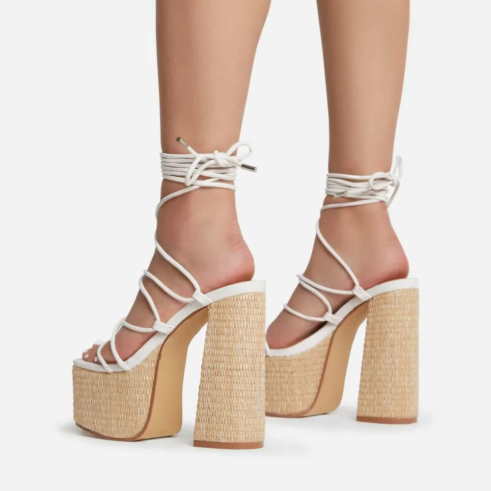 Woven Platform Lace Up Strappy Sandals Block Heel Open Toe Solid Color Sexy Roman Style Women Shoes Summer 2026 New Arrivals
