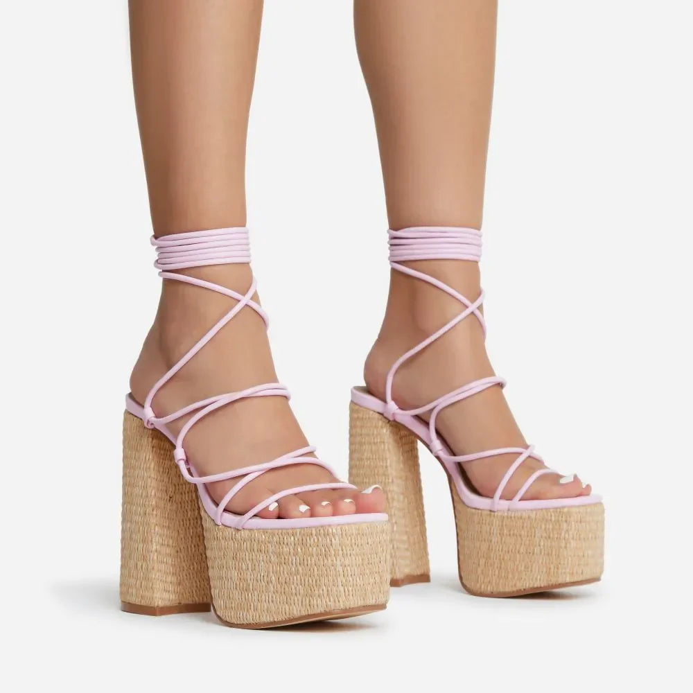 Woven Platform Lace Up Strappy Sandals Block Heel Open Toe Solid Color Sexy Roman Style Women Shoes Summer 2026 New Arrivals