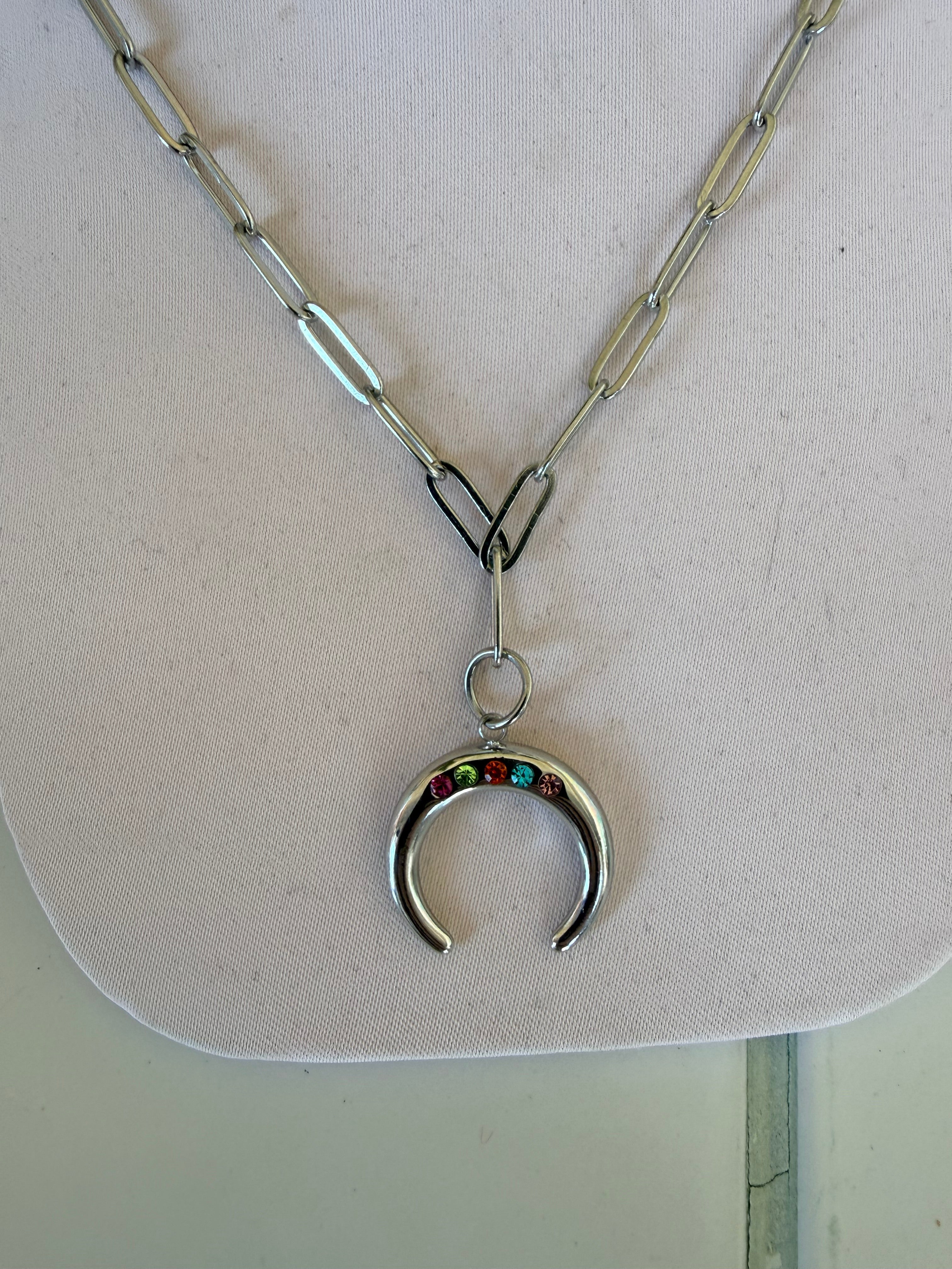 Rainbow Gem Crescent Charm Necklace