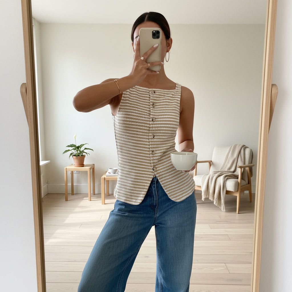 Women's Striped Button-Front Sleeveless Camisole Top – Square Neck Tank