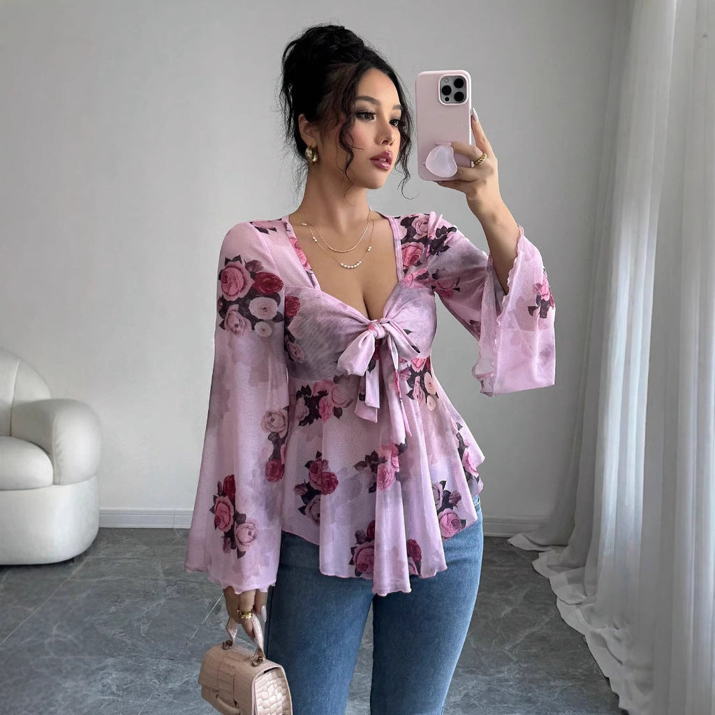 Floral Ombré Tie-Back Square Neck Long Sleeve Blouse – Sweet Style