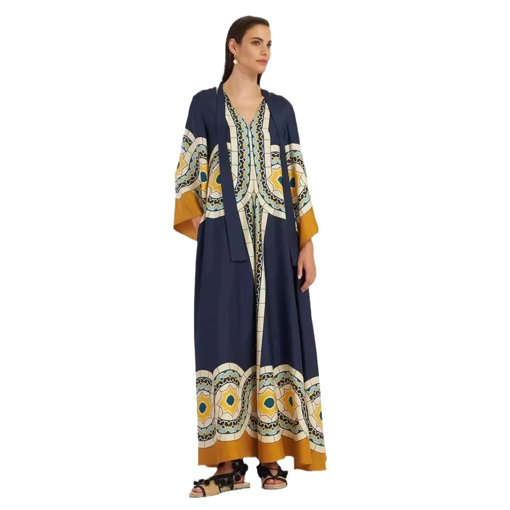 Women's Printed Maxi Dress – Stand Collar Flared Sleeve A-Line Gown