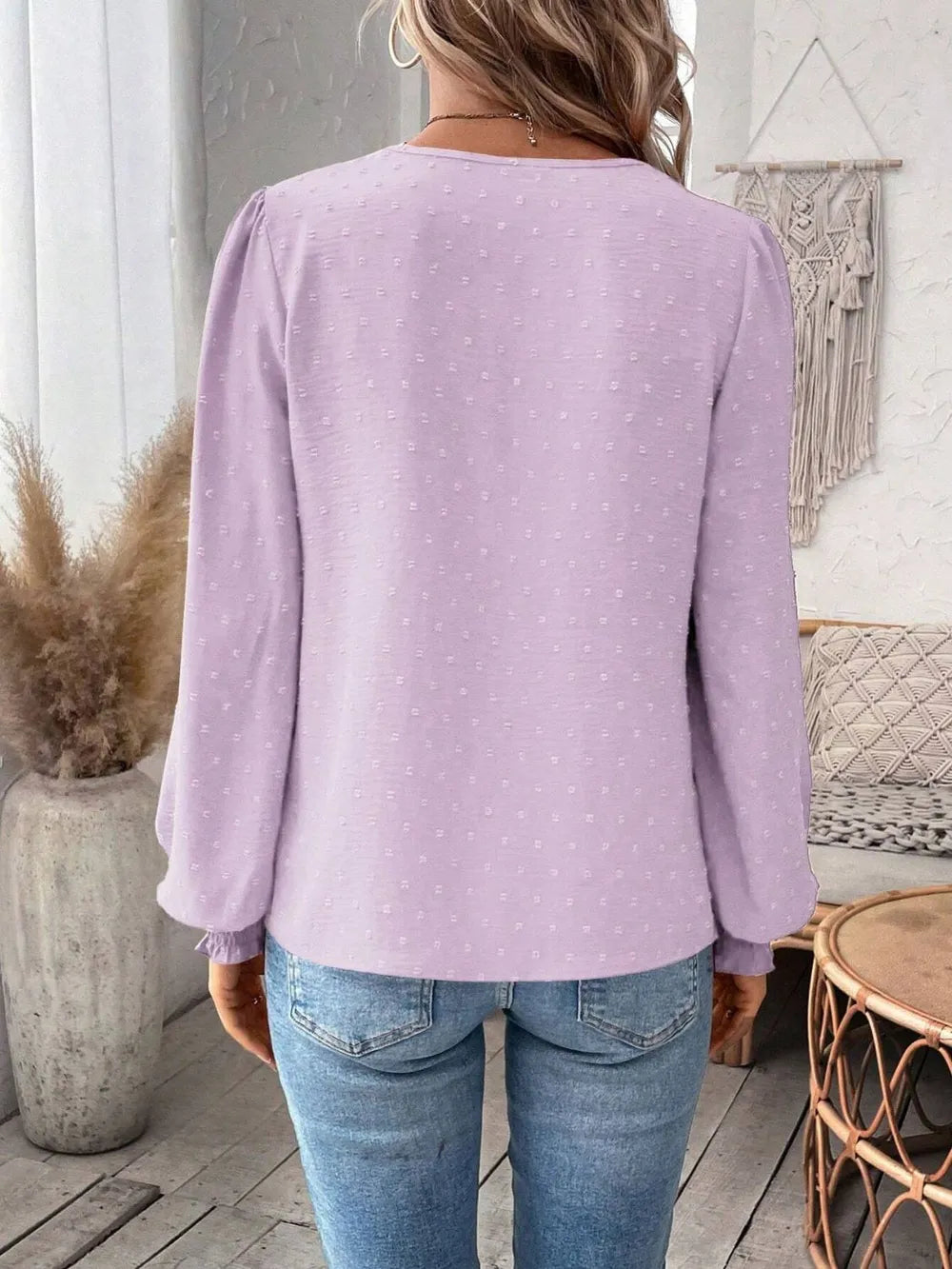 Swiss Dot Lace Detail Notched Long Sleeve Blouse – Feminine Style