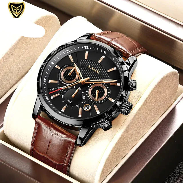 Mens Watches LIGE Top Brand Luxury Leather Casual Quartz