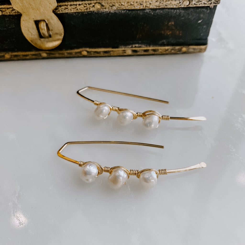 Triple Stone Freshwater Pearl Threader Earrings