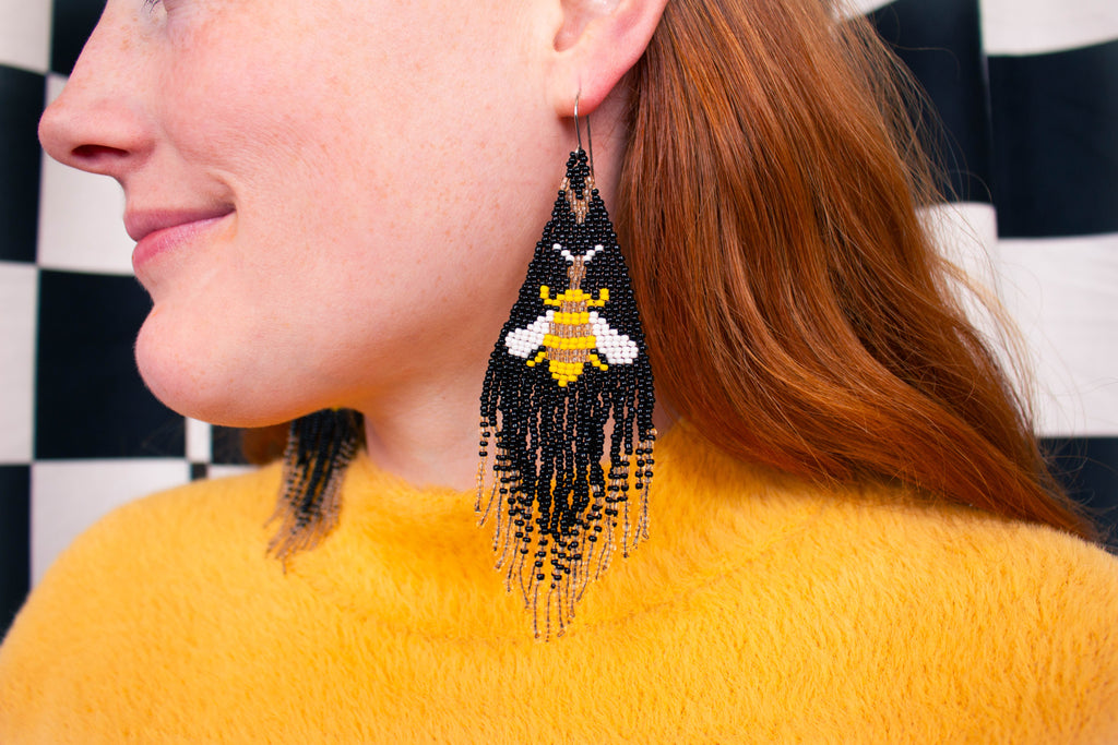Beaded Bee Fringe Statement Earrings