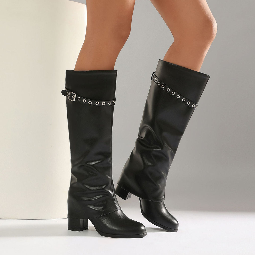 Women's Tall Knee-High Boots – Eyelet Buckle Strap Chunky Heel Slip-On