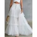 Women's Denim Waist Layered Mesh Maxi Skirt – A-Line Tulle Swing Skirt