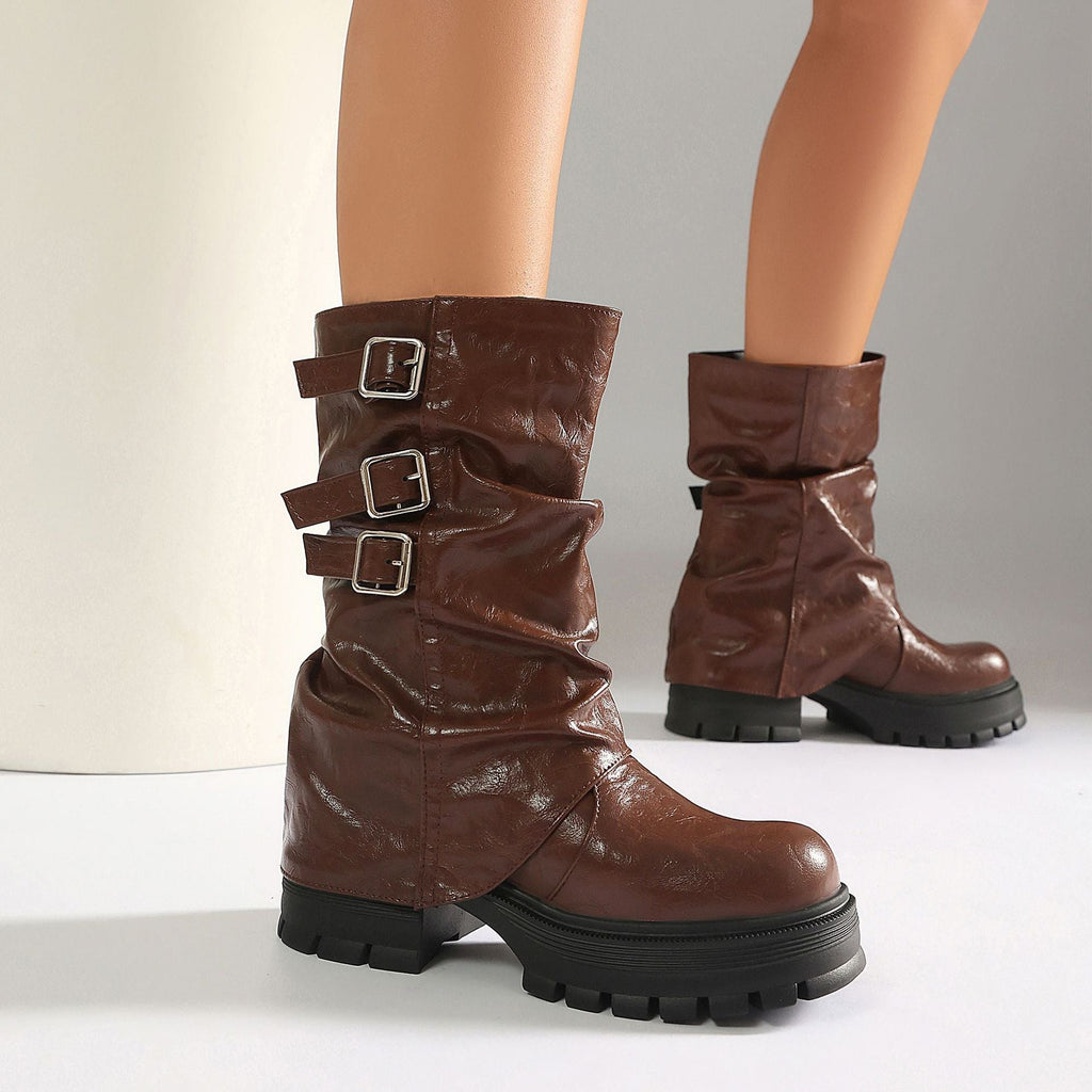 Women's Punk Slouchy Triple Buckle Mid-Calf Boots – Crinkled PU Platform