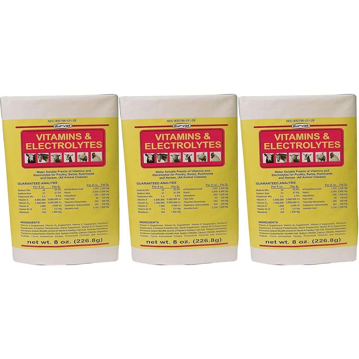 Durvet Vitamins & Electrolytes for Poultry Swine Ruminants & Horses 8 oz. 3-Pack