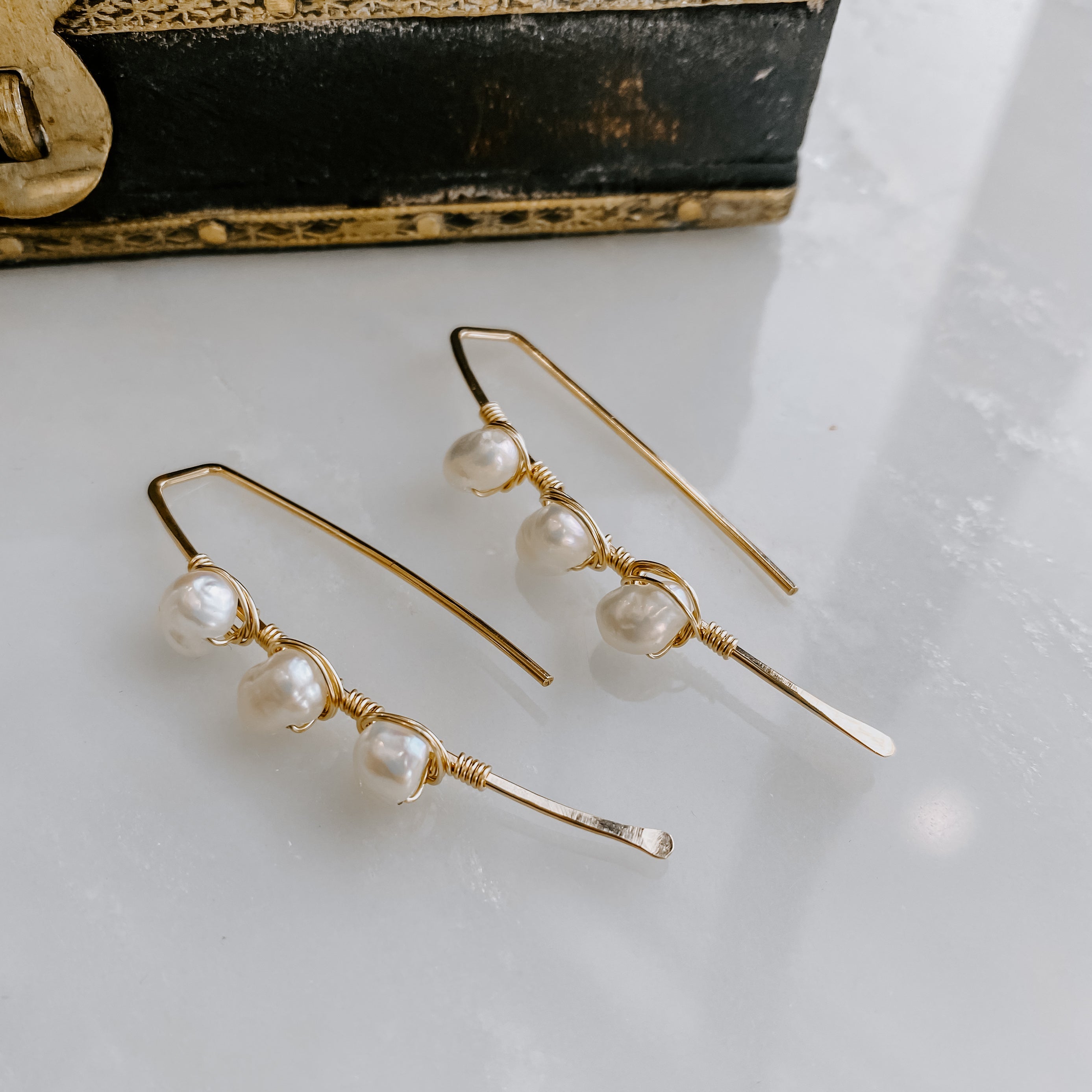 Triple Stone Freshwater Pearl Threader Earrings