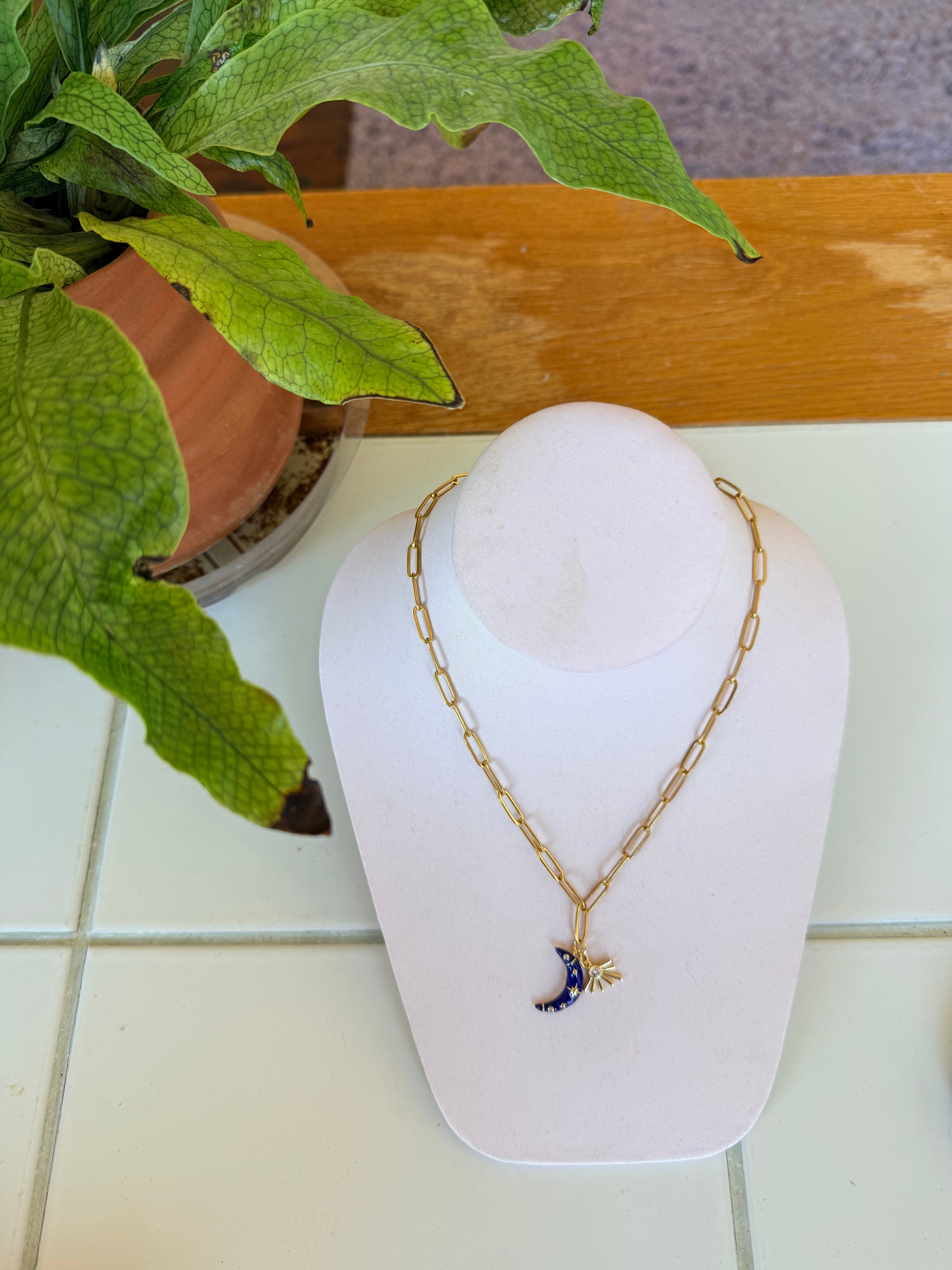 Moon and Gem Charm Necklace