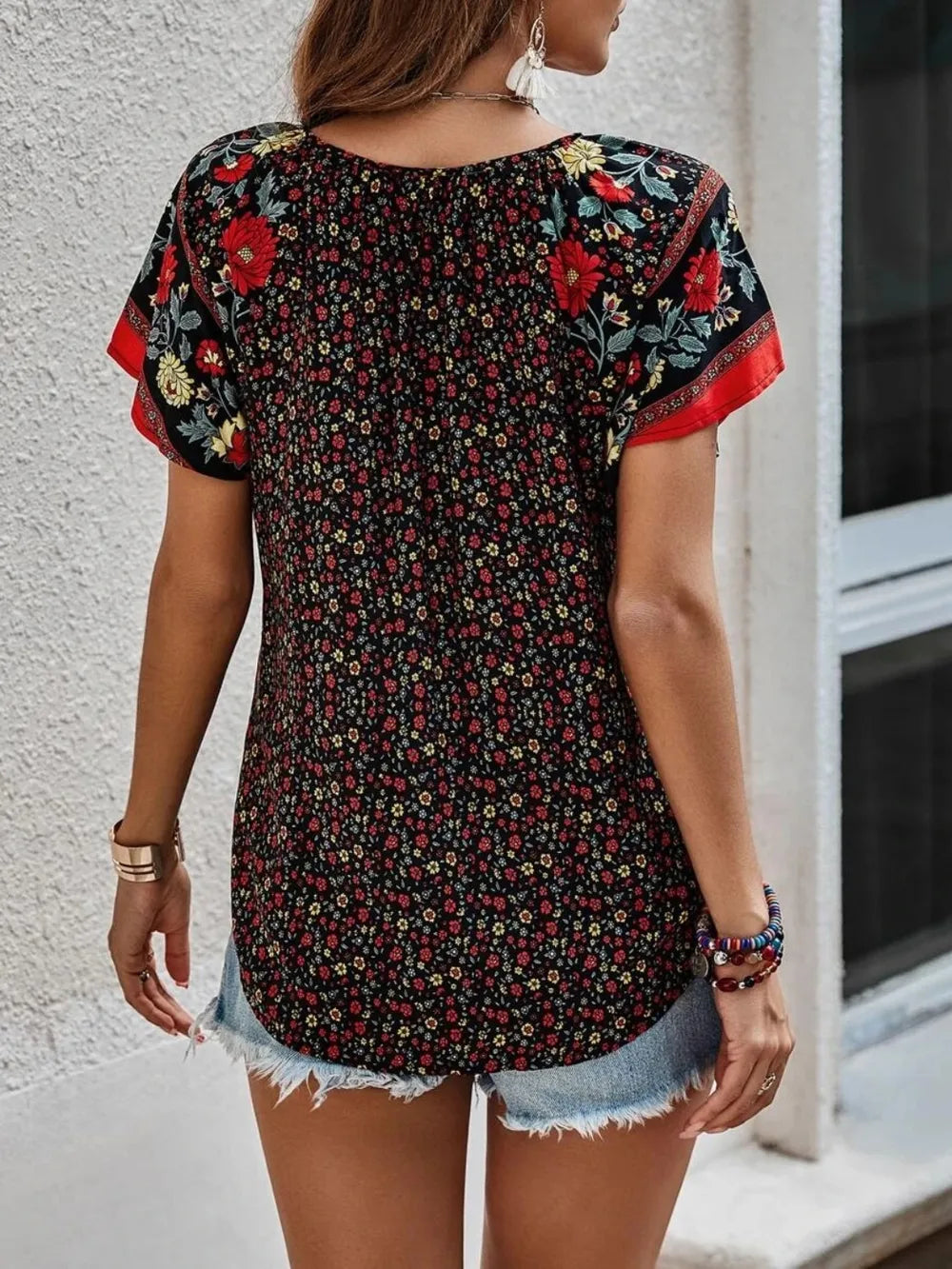 Printed Tie Neck Short Sleeve Blouse – Feminine Everyday Style