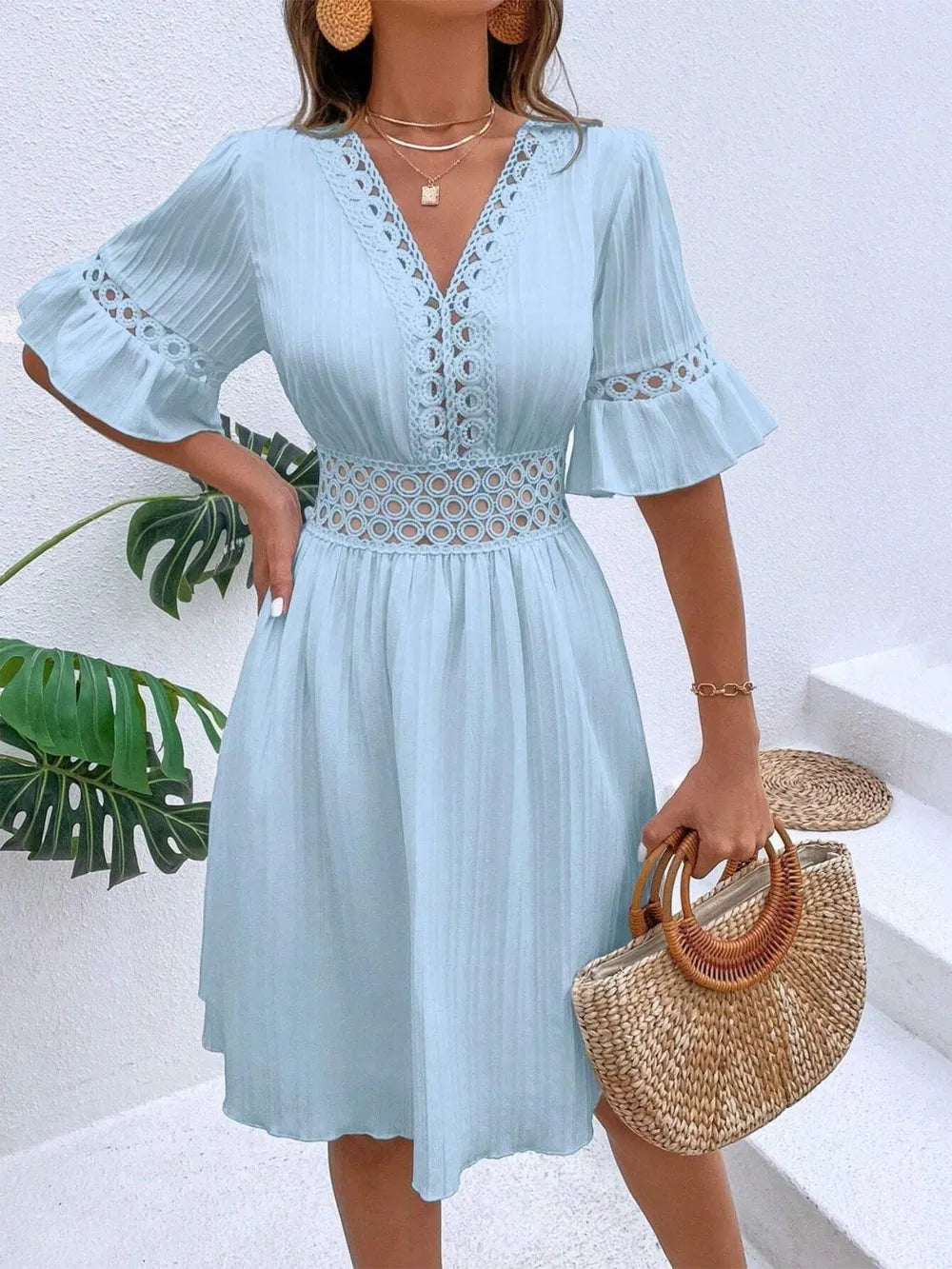 Cutout V-Neck Flounce Sleeve Mini Dress – Ruffled Lined Style