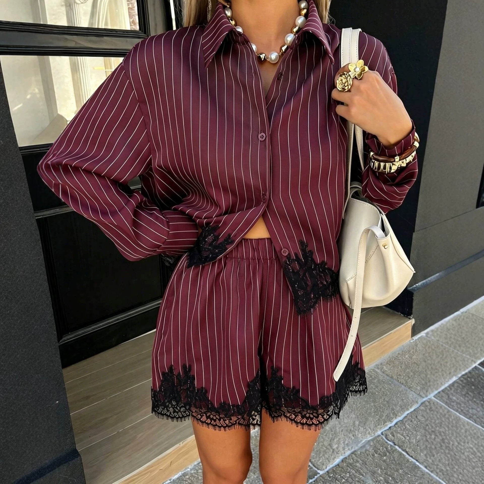 Women's Striped Lace Trim Shirt & Drawstring Shorts Set – 2-Piece Matching Set