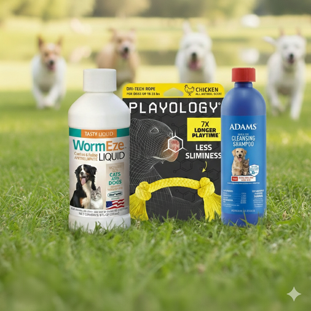 Dog Deworming & Flea Care Bundle WormEze 8oz + Adams Flea & Tick Shampoo 12oz + Chicken Rope Toy