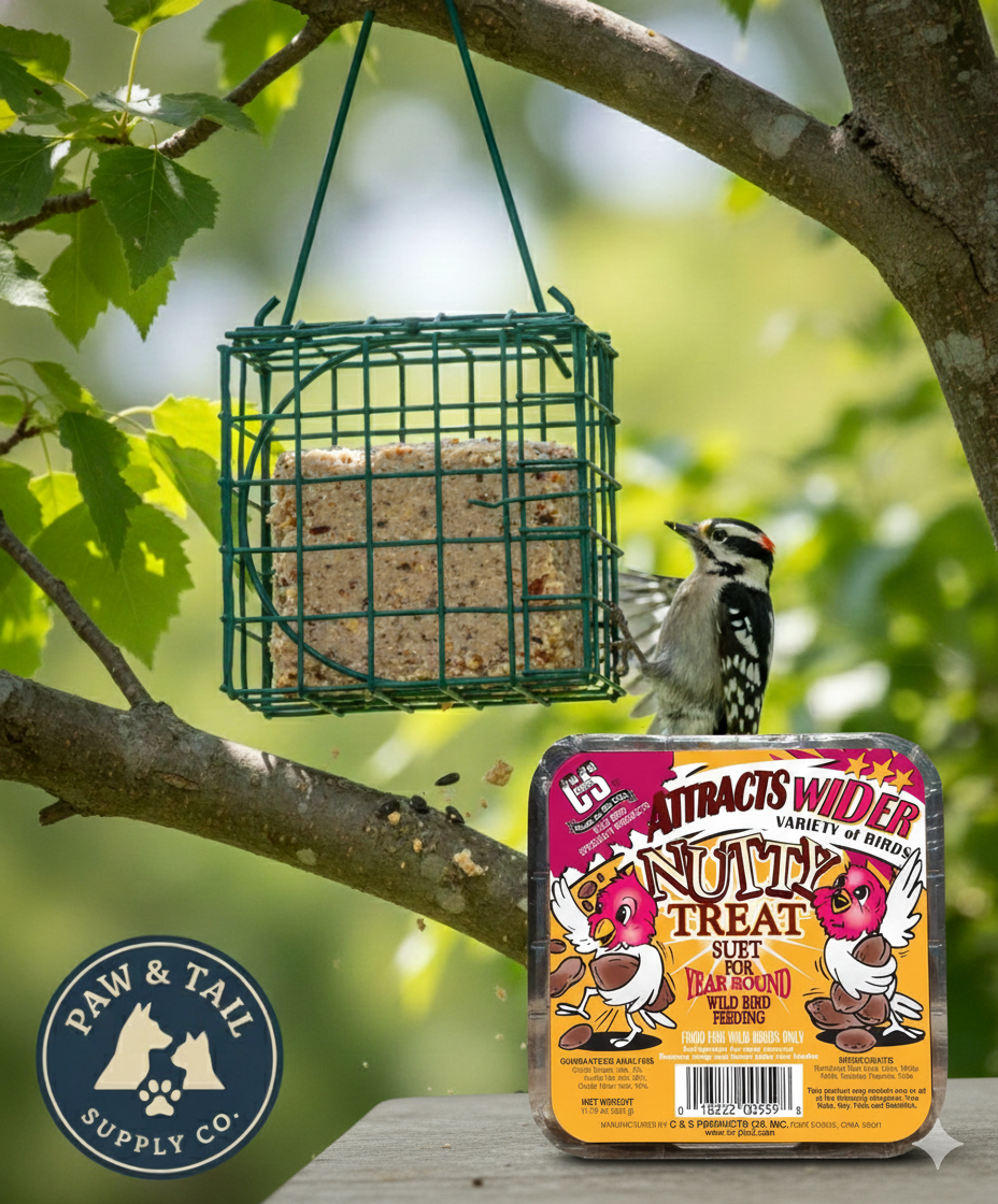 C&S Nutty Suet Treat Bird Cake 11.75 oz & Large Suet Basket Feeder Combo