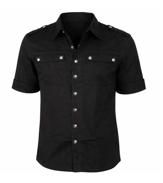 Gothic Industrial Short-Sleeve Shirt - Black Metal & Zipper Detail Top