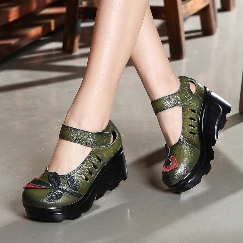 Handmade 2026 Spring Autumn Ethnic Comfortable Women Wedges Genuine Leather Women's Shoes round toe Platform high heels pumps